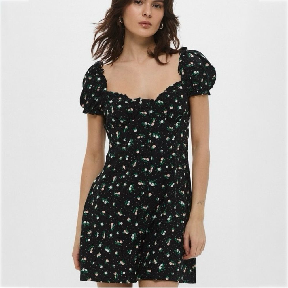 H&M Divided Floral Bustier Puff Sleeve Milkmaid Mini Dress